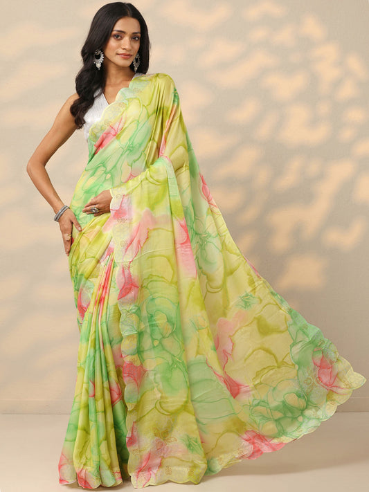 Green Printed Chinon Saree With Unstitched Blouse Piece