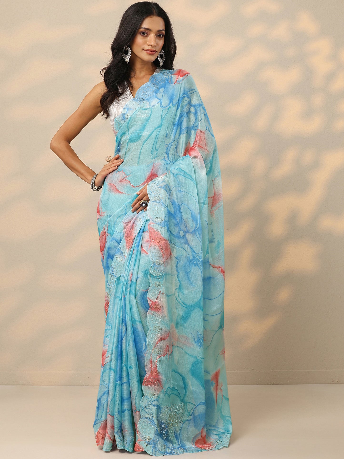 Blue Printed Chinon Saree With Unstitched Blouse Piece