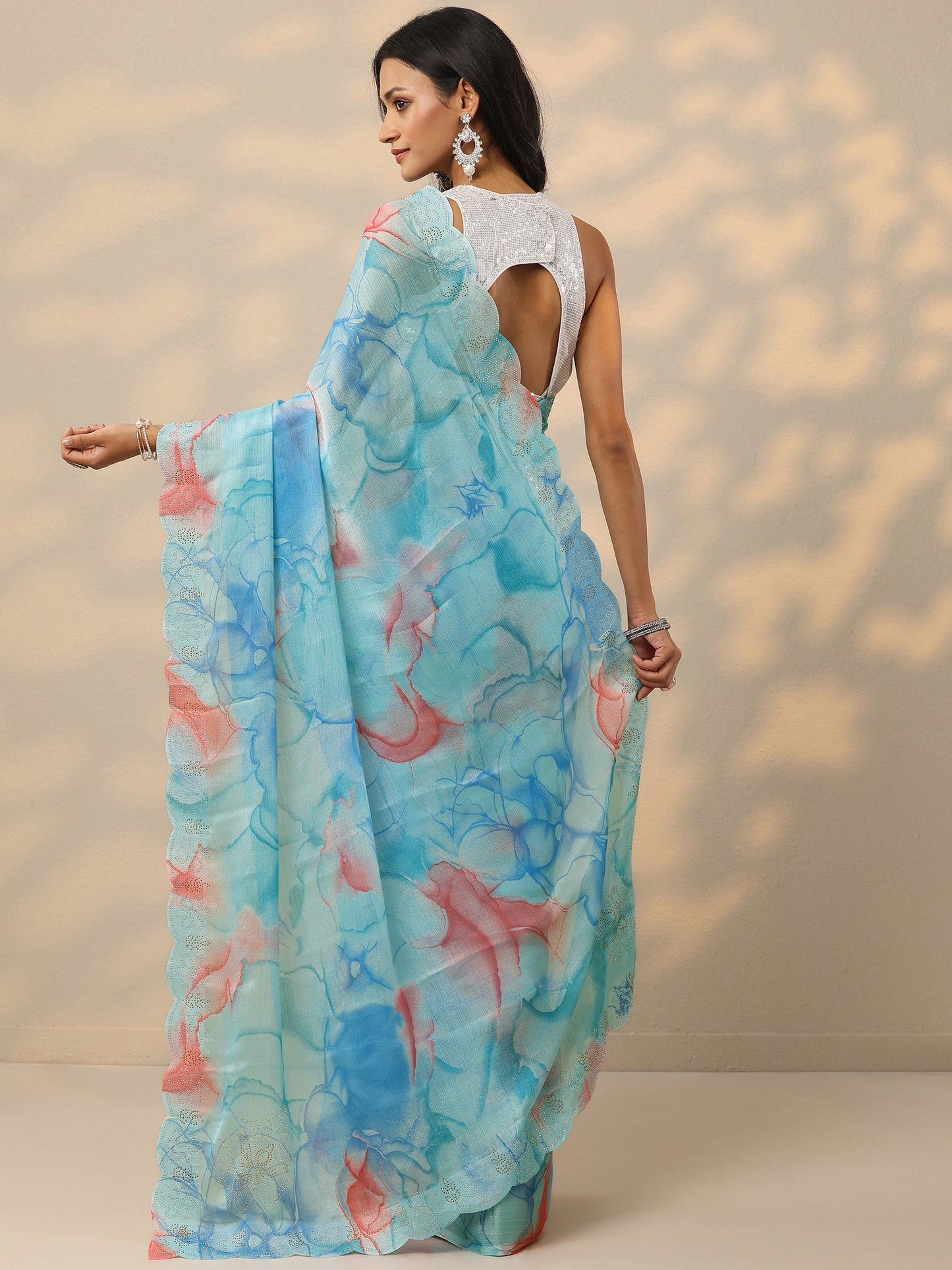 Blue Printed Chinon Saree With Unstitched Blouse Piece