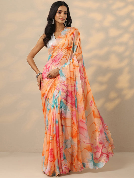 Peach Printed Chinon Saree With Unstitched Blouse Piece