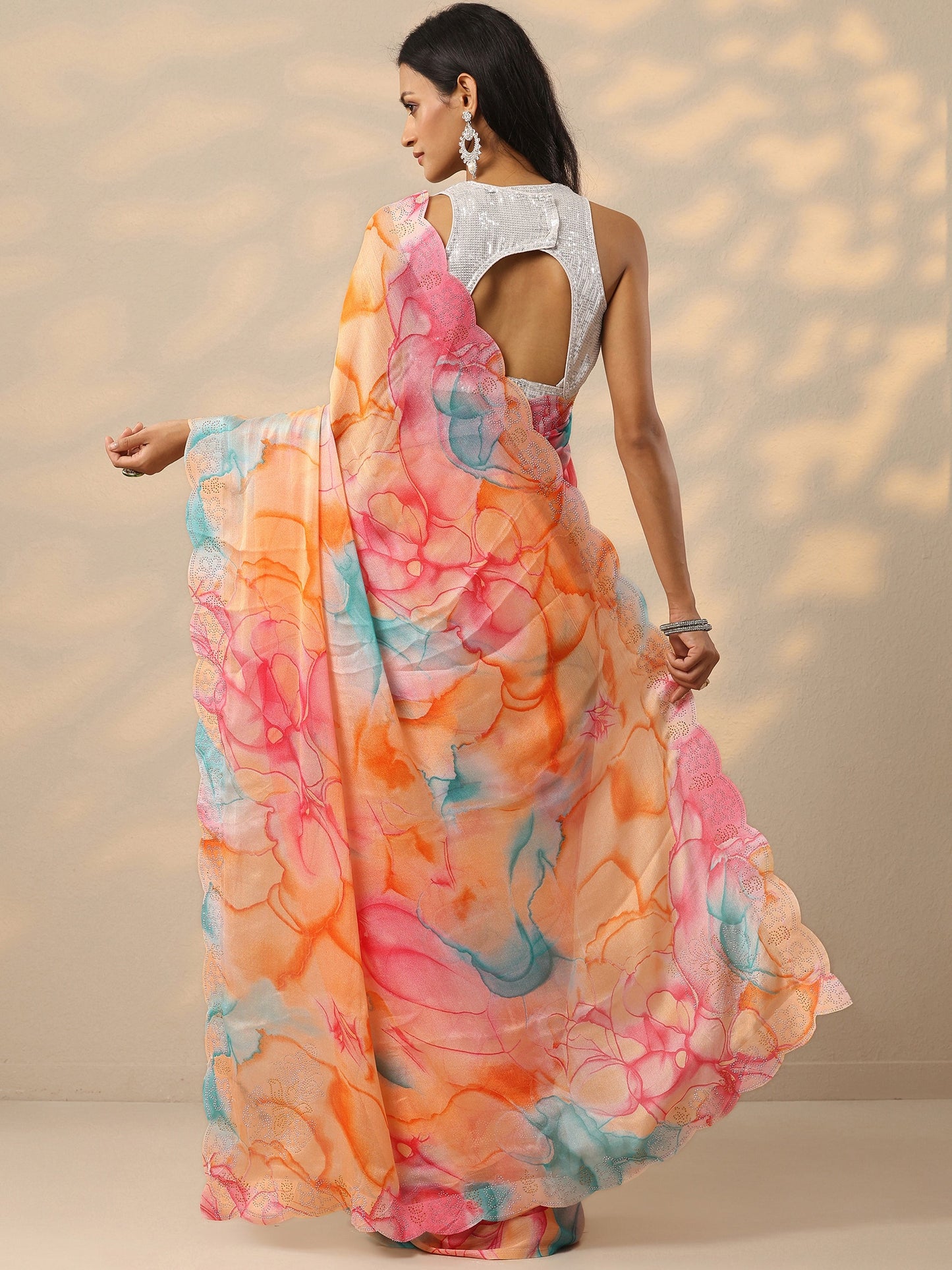 Peach Printed Chinon Saree With Unstitched Blouse Piece