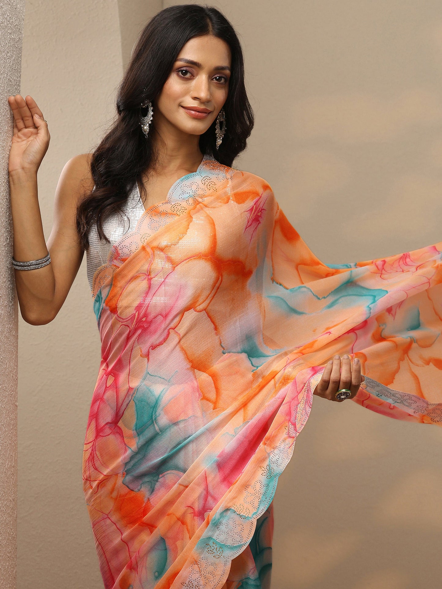 Peach Printed Chinon Saree With Unstitched Blouse Piece