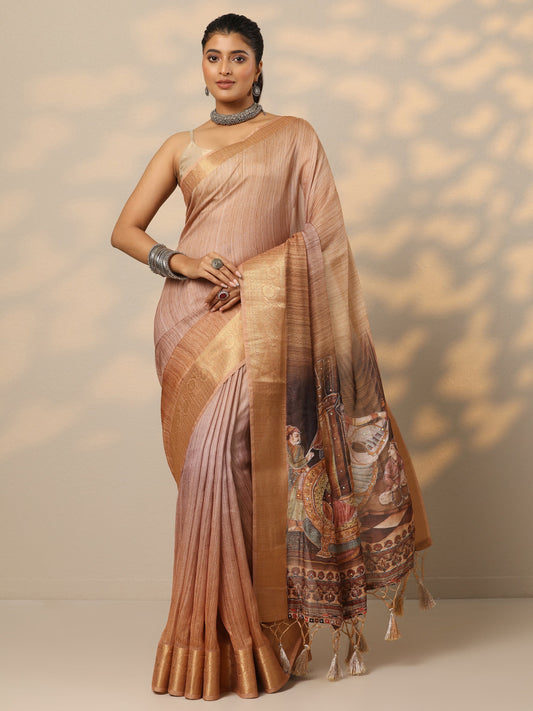 Tan Printed Georgette Saree With Unstitched Blouse Piece
