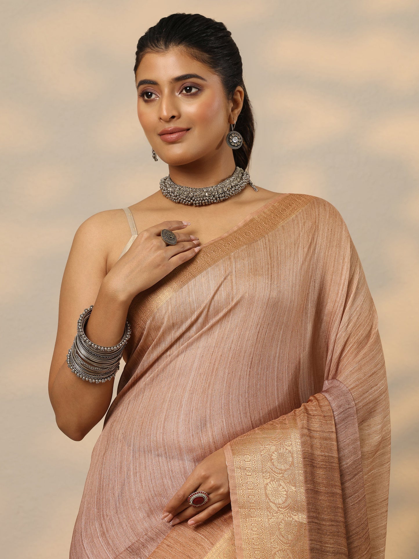 Tan Printed Georgette Saree With Unstitched Blouse Piece