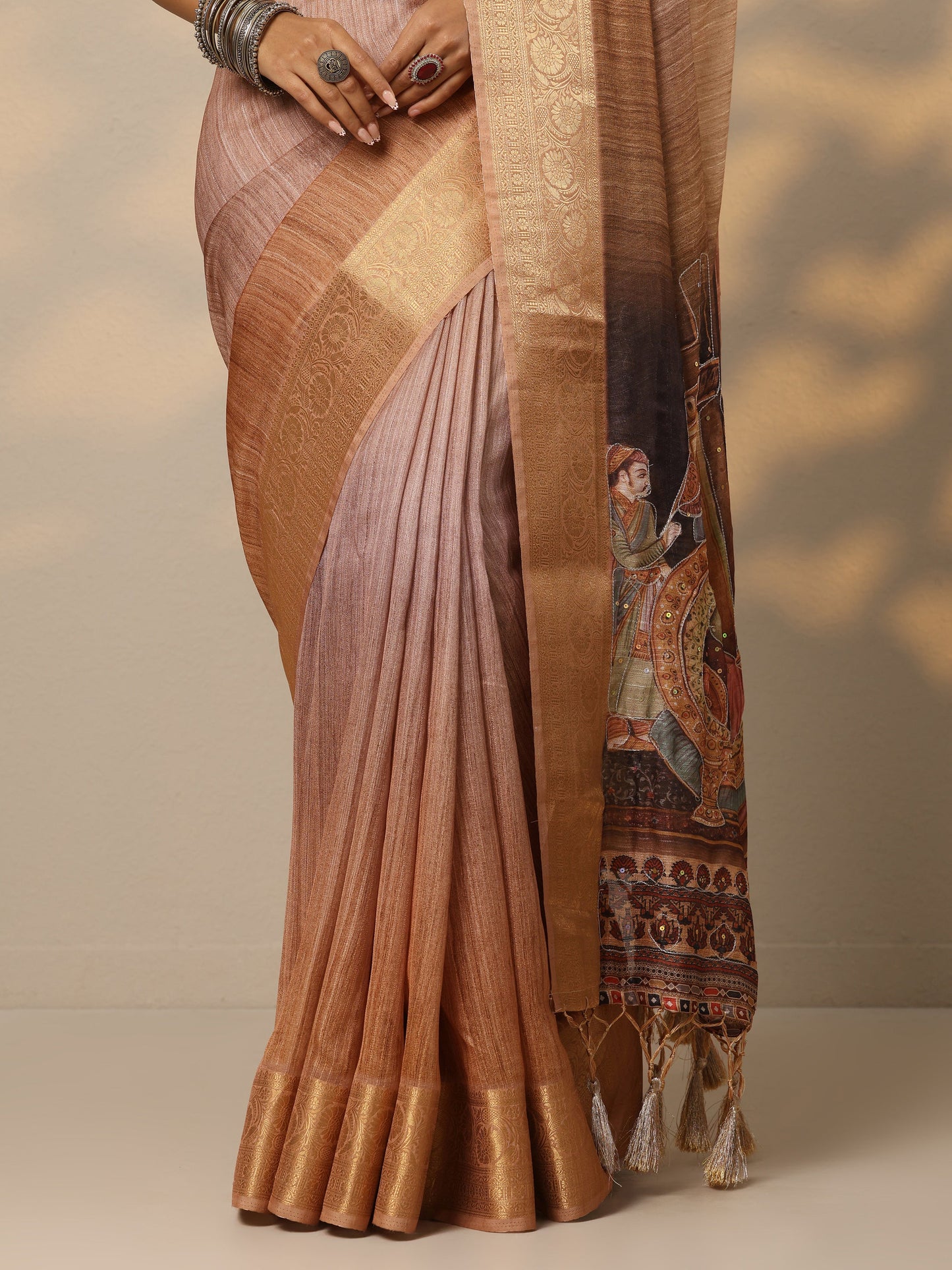 Tan Printed Georgette Saree With Unstitched Blouse Piece