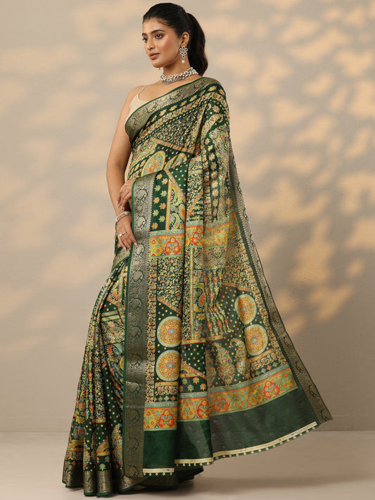 Green Printed Silk Blend Saree With Unstitched Blouse Piece