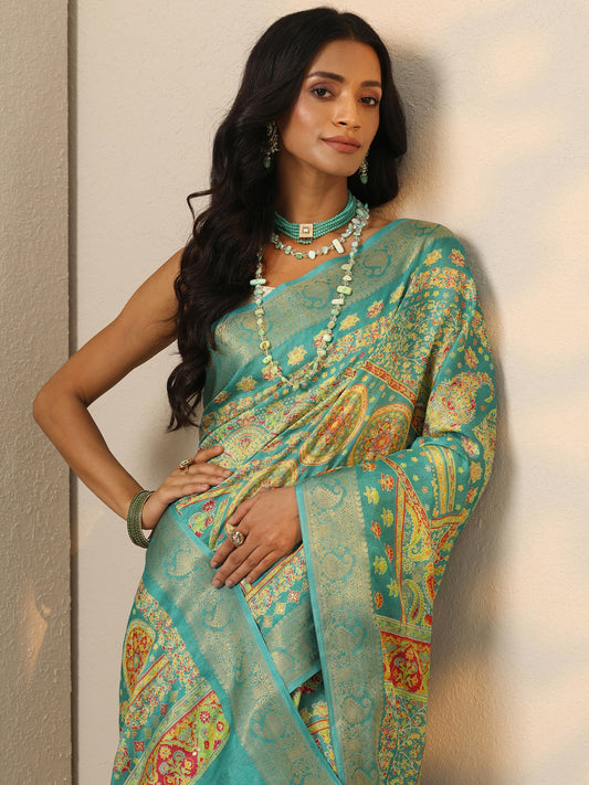 Teal Printed Silk Blend Saree With Unstitched Blouse Piece