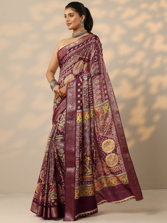 Burgundy Printed Silk Blend Saree With Unstitched Blouse Piece