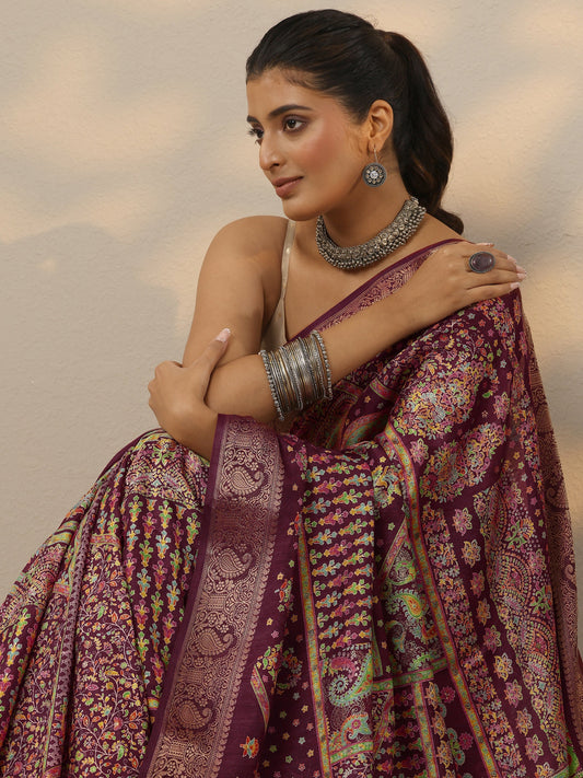 Burgundy Printed Silk Blend Saree With Unstitched Blouse Piece