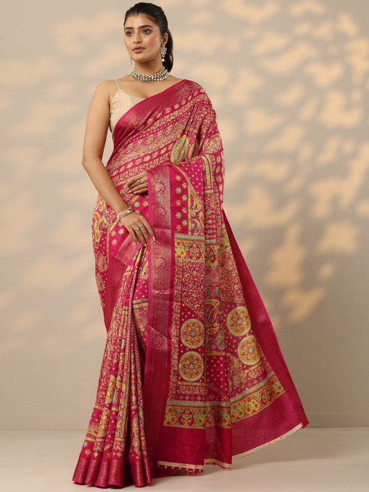 Pink Printed Silk Blend Saree With Unstitched Blouse Piece