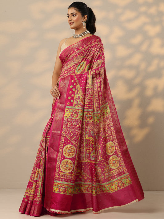 Pink Printed Silk Blend Saree With Unstitched Blouse Piece