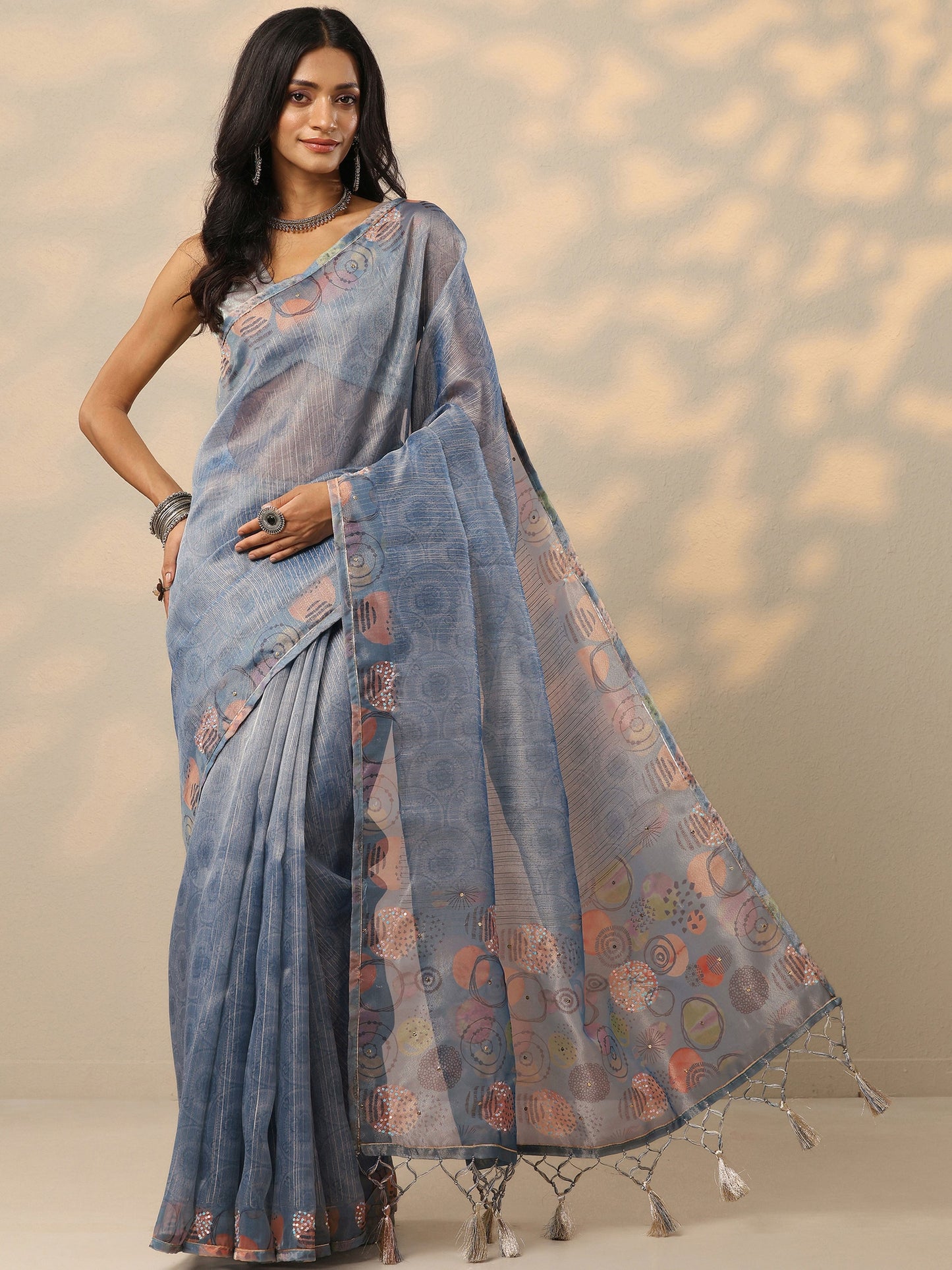 Blue Embellished Nylon Saree With Unstitched Blouse Piece