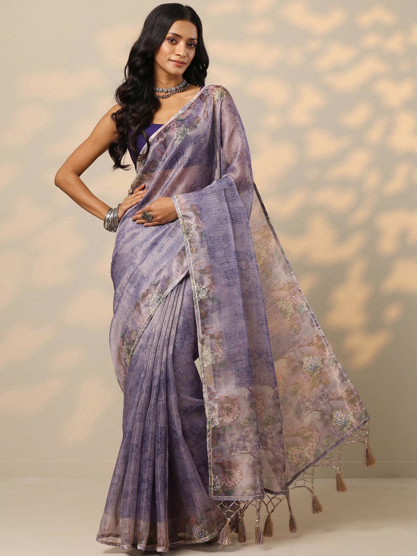 Lavender Embellished Nylon Saree With Unstitched Blouse Piece