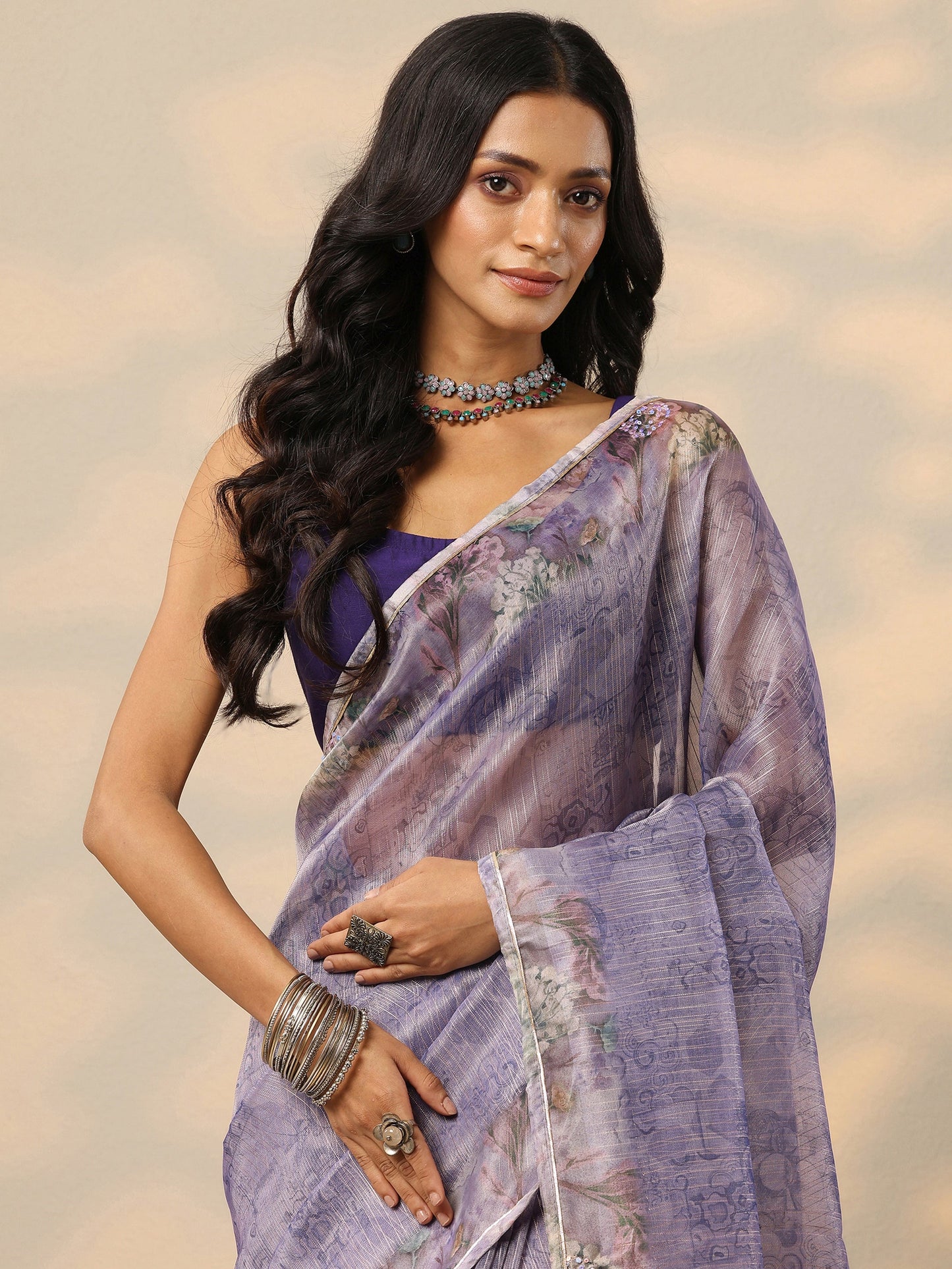 Lavender Embellished Nylon Saree With Unstitched Blouse Piece