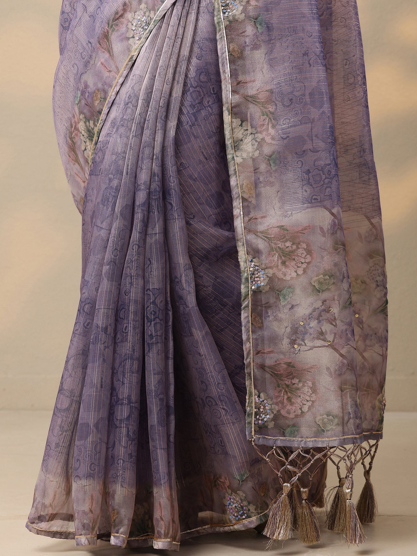 Lavender Embellished Nylon Saree With Unstitched Blouse Piece