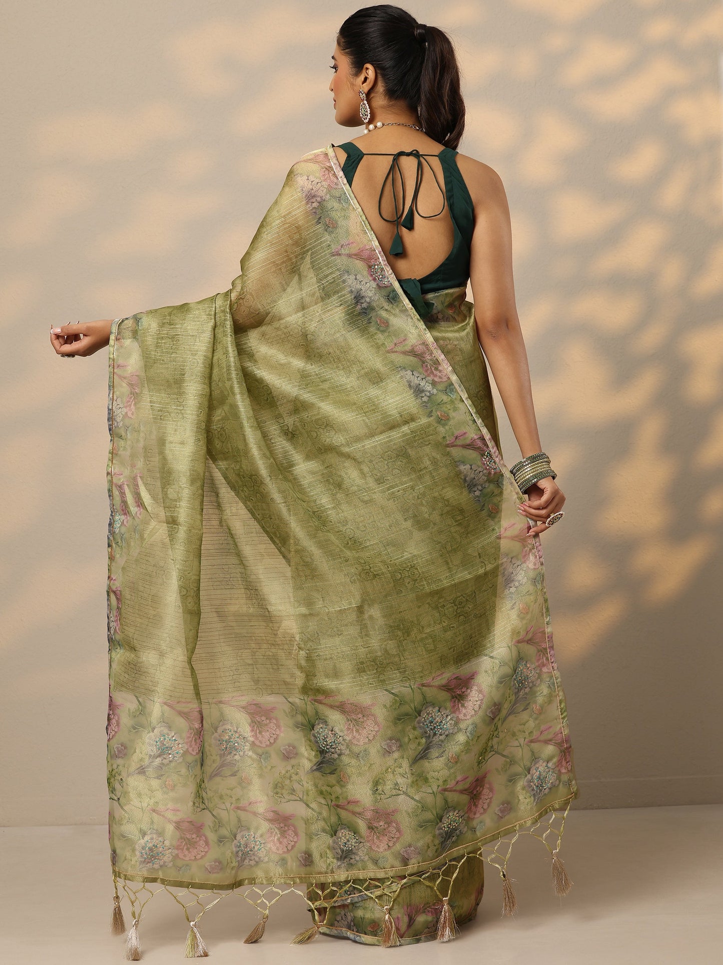 Green Embellished Nylon Saree With Unstitched Blouse Piece