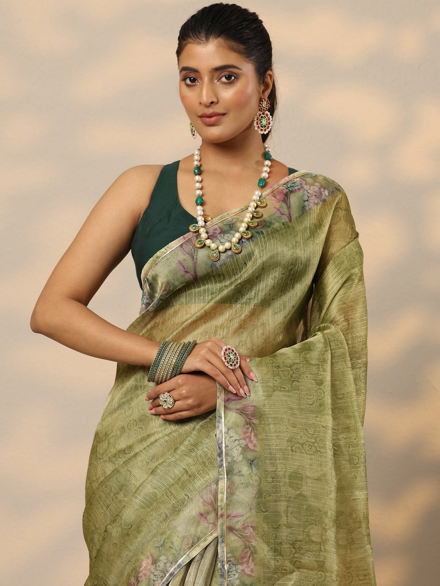 Green Embellished Nylon Saree With Unstitched Blouse Piece