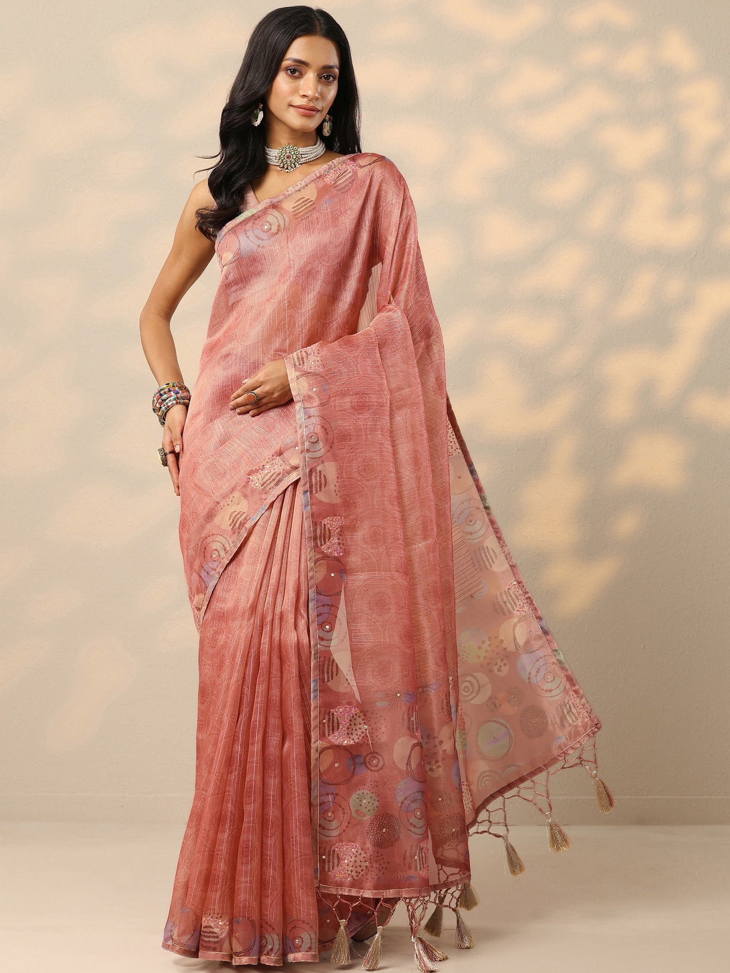 Pink Embellished Nylon Saree With Unstitched Blouse Piece