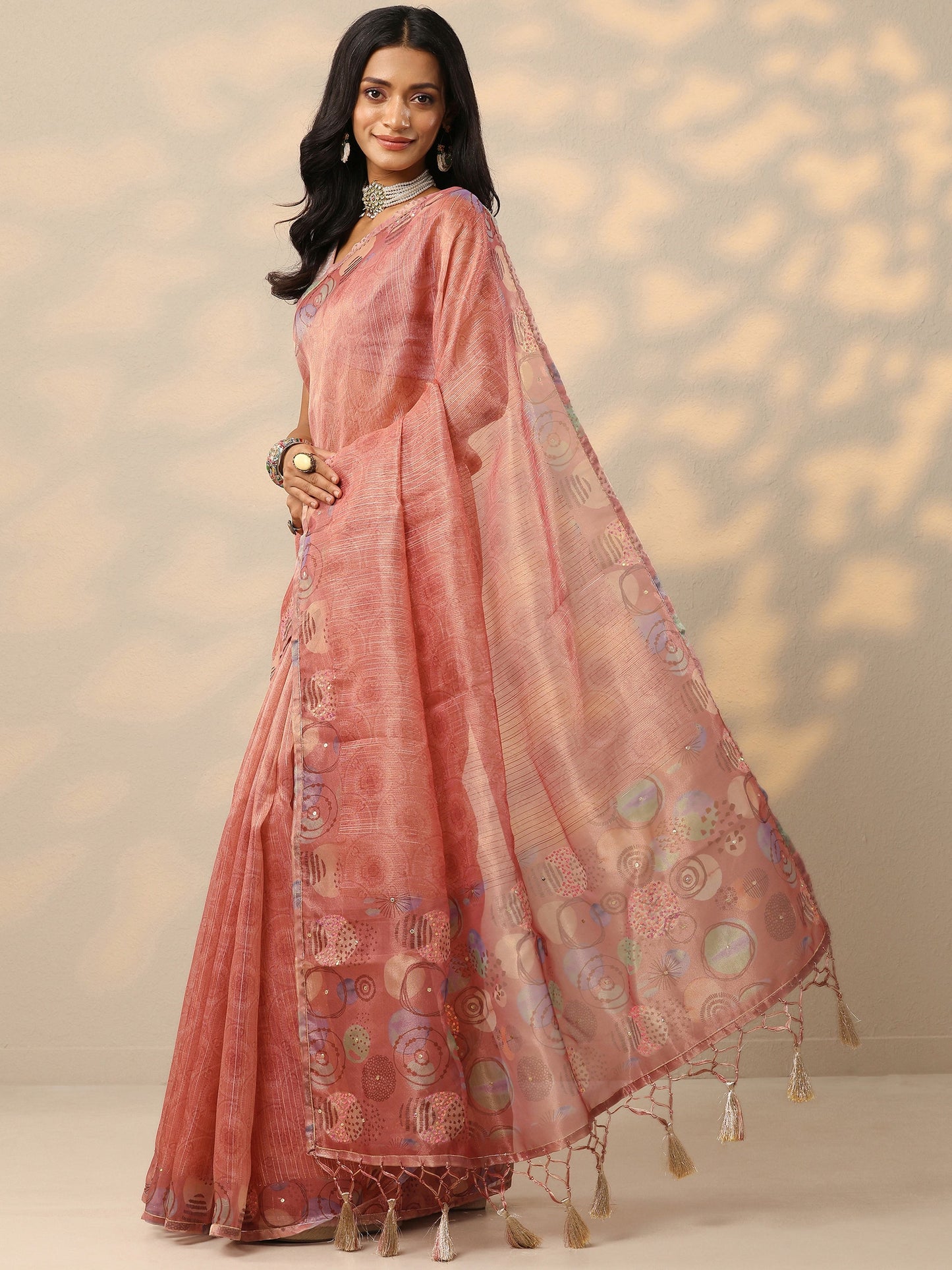 Pink Embellished Nylon Saree With Unstitched Blouse Piece