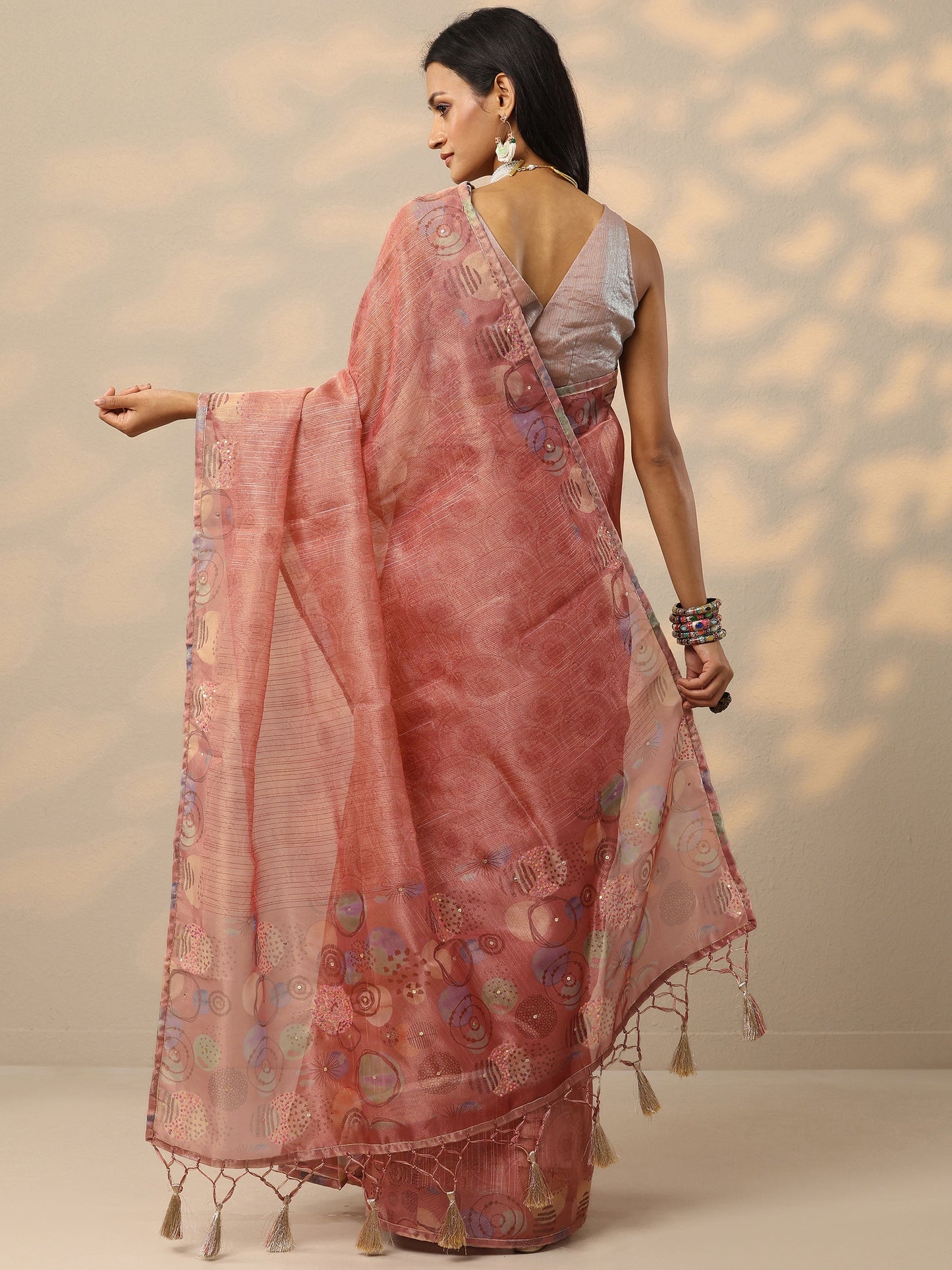 Pink Embellished Nylon Saree With Unstitched Blouse Piece