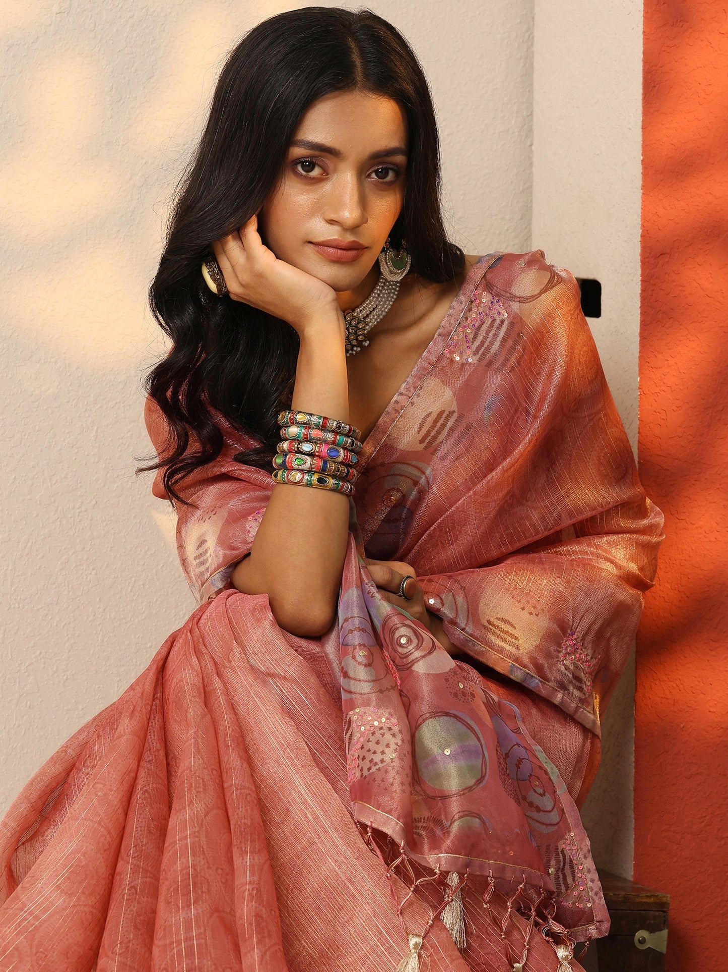 Pink Embellished Nylon Saree With Unstitched Blouse Piece
