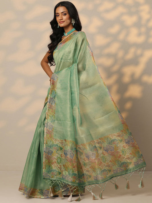 Green Embellished Nylon Saree With Unstitched Blouse Piece