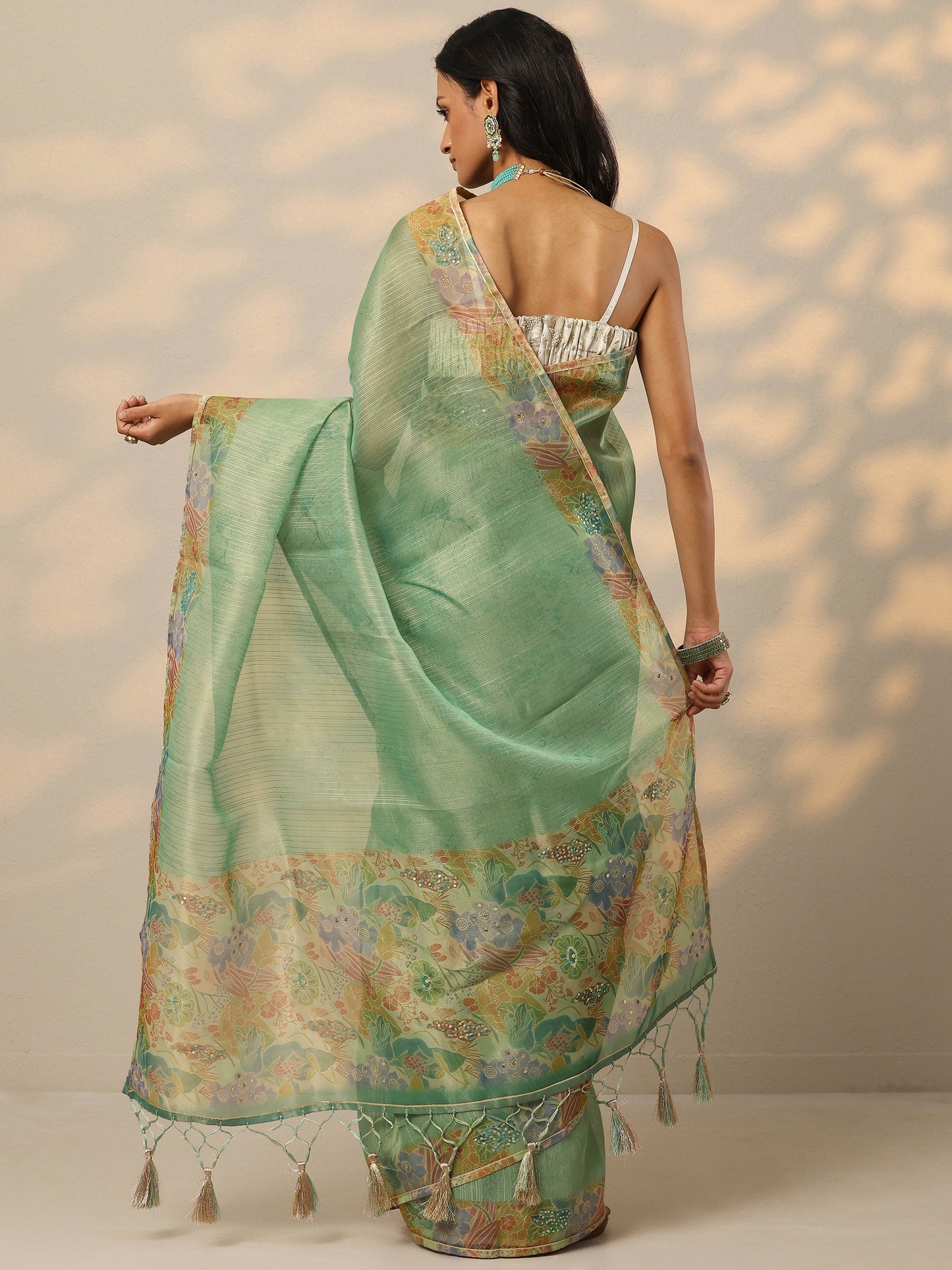 Green Embellished Nylon Saree With Unstitched Blouse Piece