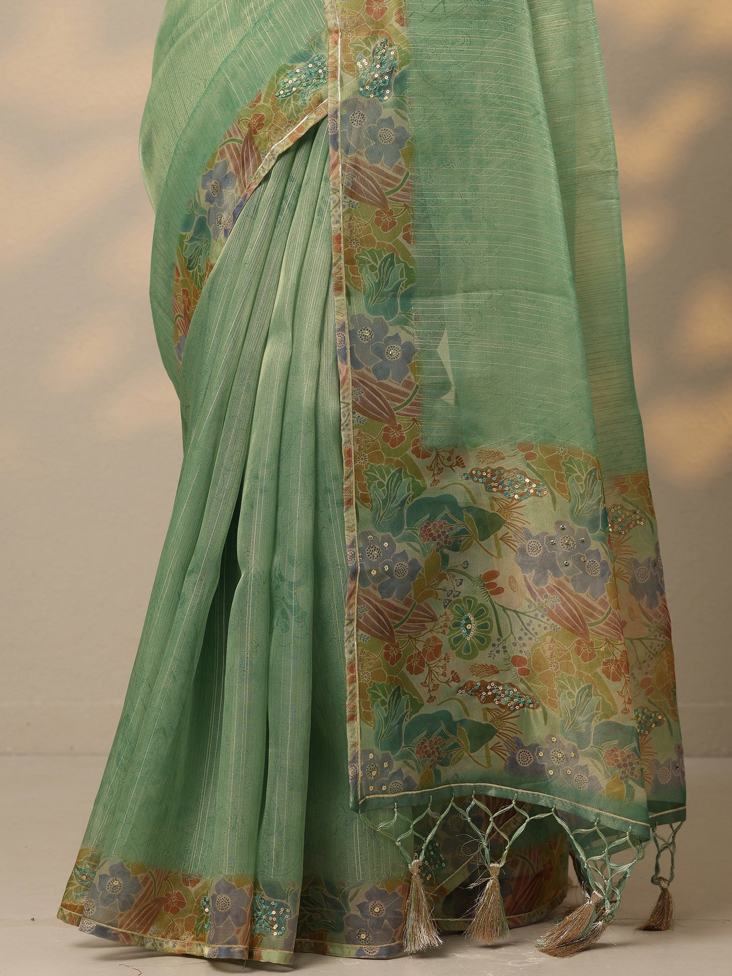 Green Embellished Nylon Saree With Unstitched Blouse Piece