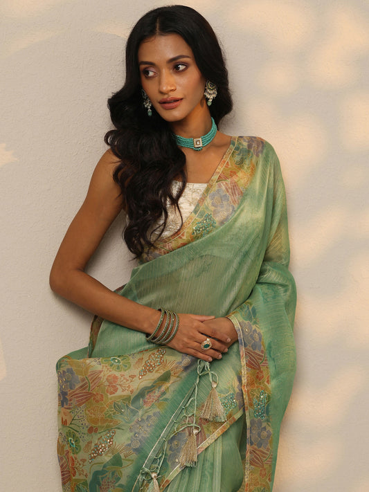 Green Embellished Nylon Saree With Unstitched Blouse Piece