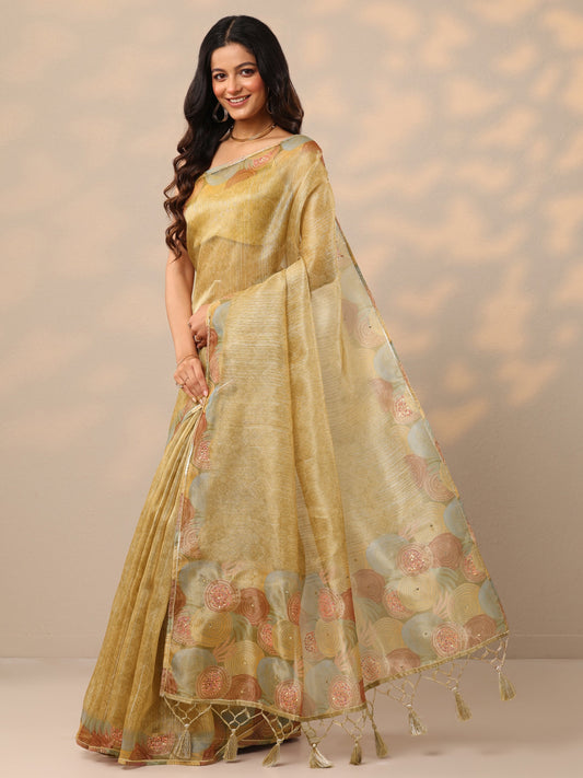 Gold Embellished Nylon Sarees With Unstitched Blouse Piece