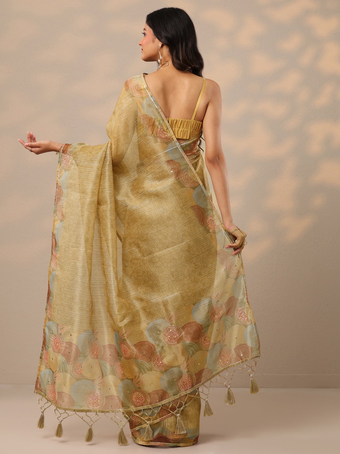 Gold Embellished Nylon Sarees With Unstitched Blouse Piece