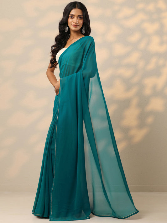 Teal Solid Georgette Saree With Unstitched Blouse Piece