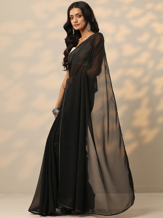 Black Solid Georgette Saree With Unstitched Blouse Piece