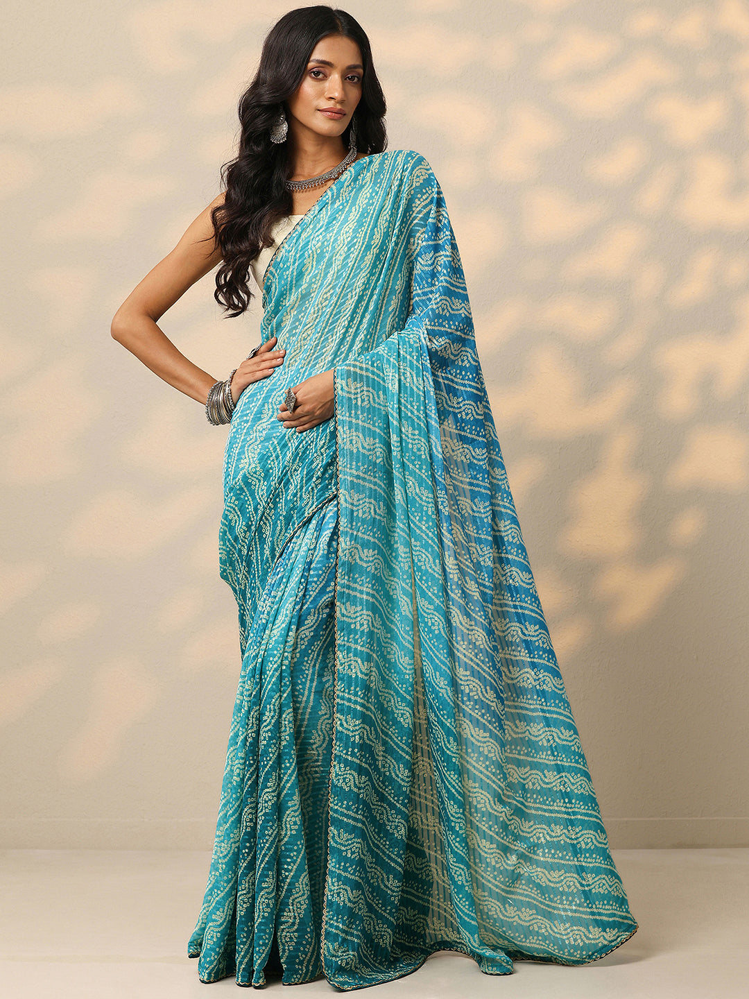 Teal Bandhani Printed Chiffon Saree With Unstitched Blouse Piece
