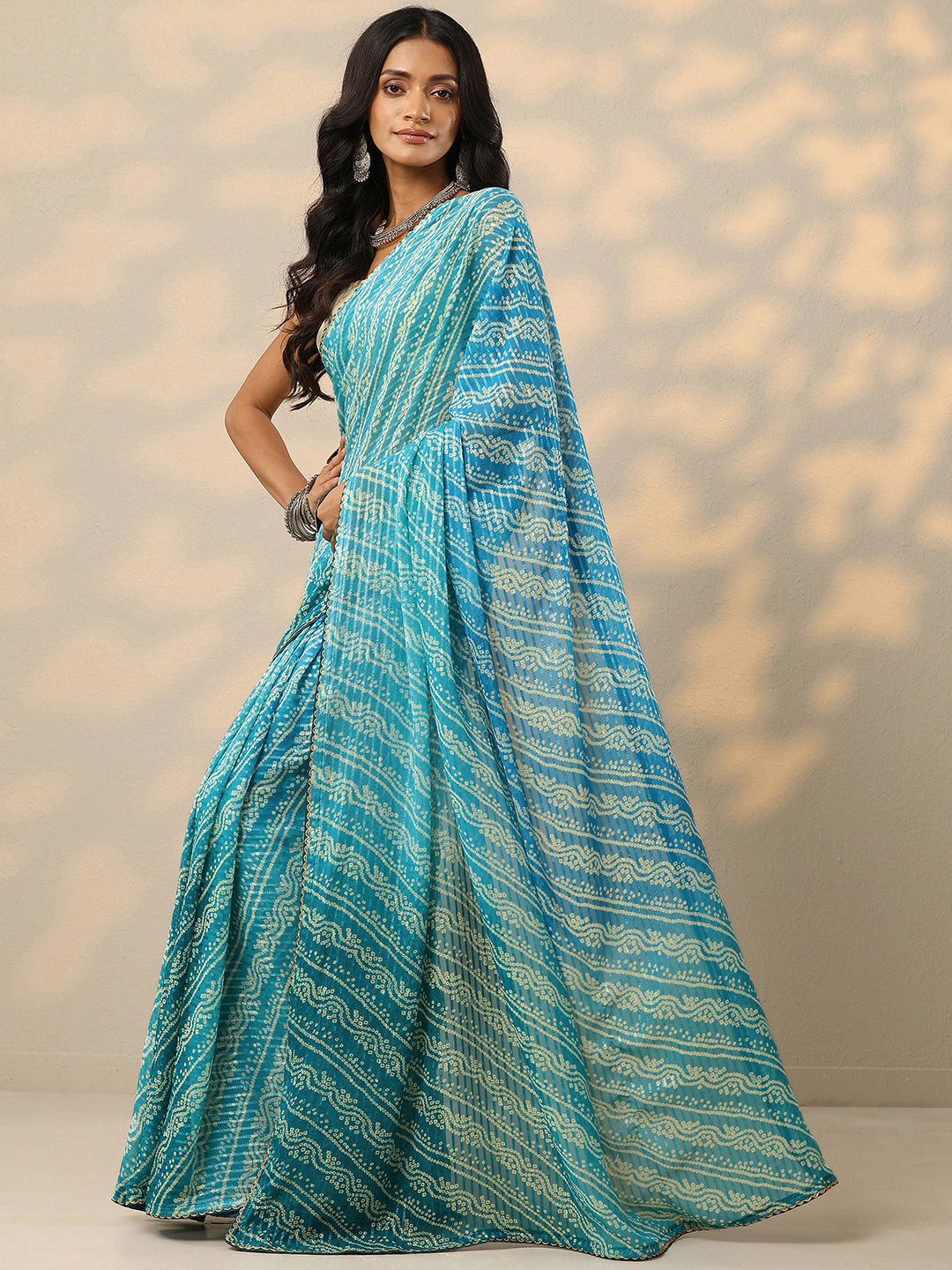 Teal Bandhani Printed Chiffon Saree With Unstitched Blouse Piece