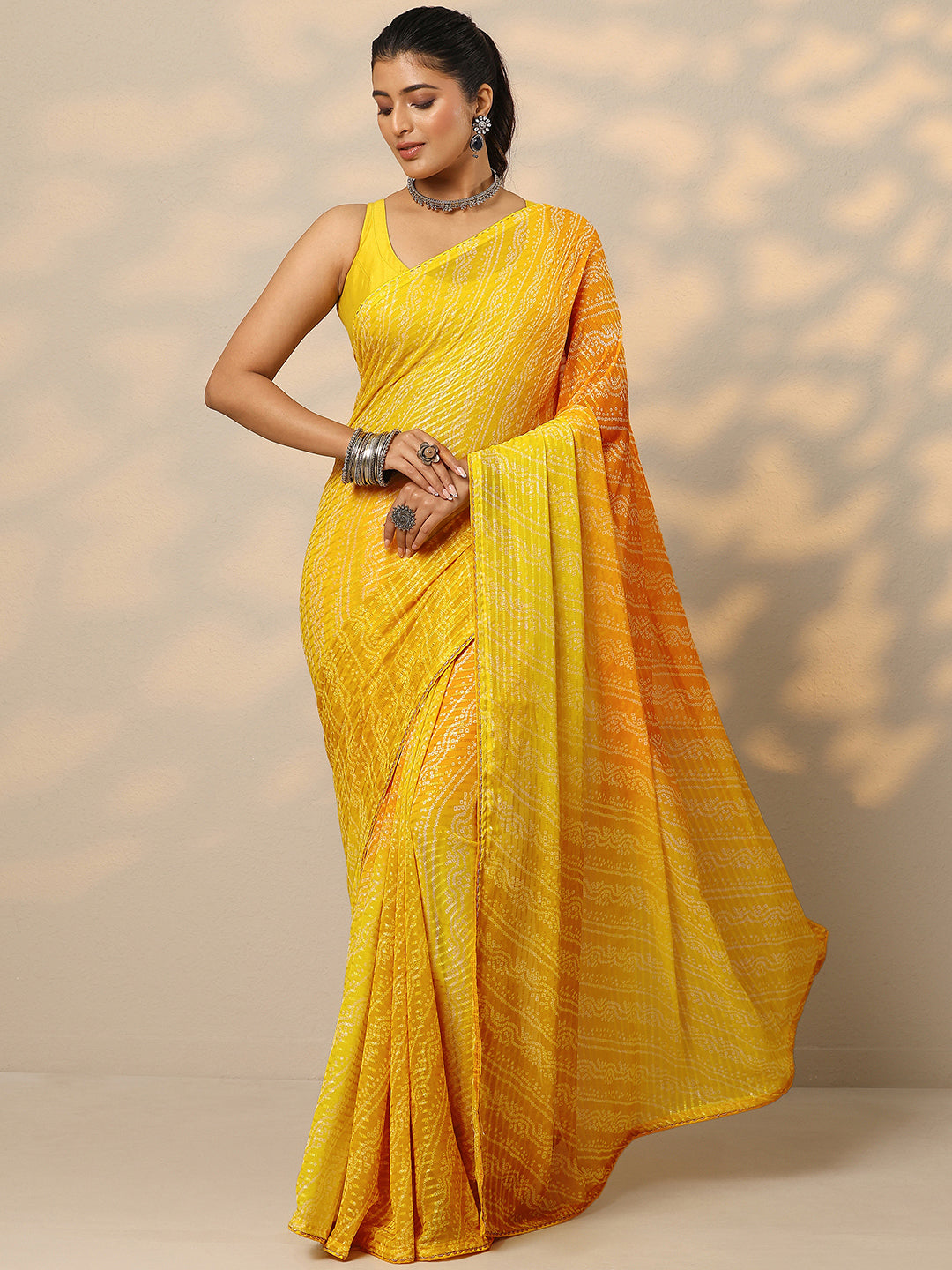Mustard Bandhani Printed Chiffon Saree With Unstitched Blouse Piece