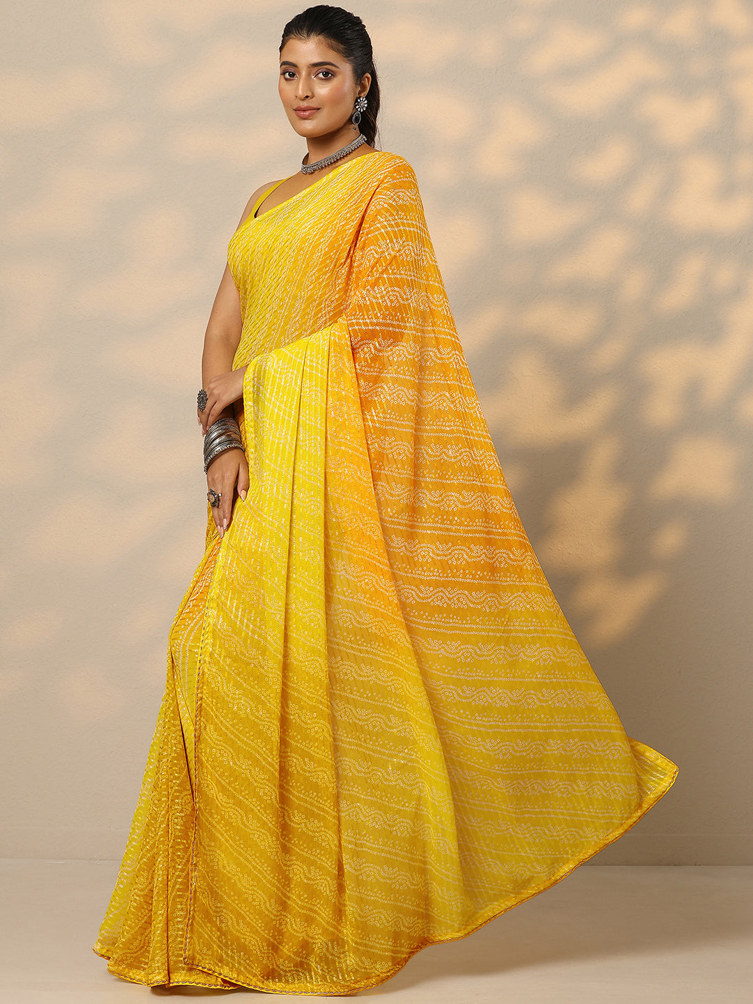 Mustard Bandhani Printed Chiffon Saree With Unstitched Blouse Piece