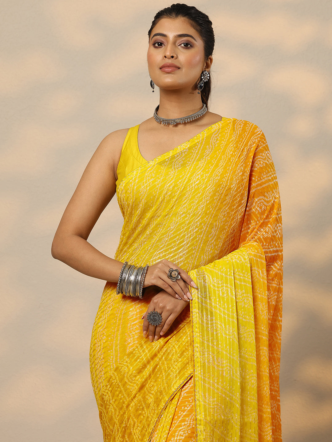 Mustard Bandhani Printed Chiffon Saree With Unstitched Blouse Piece