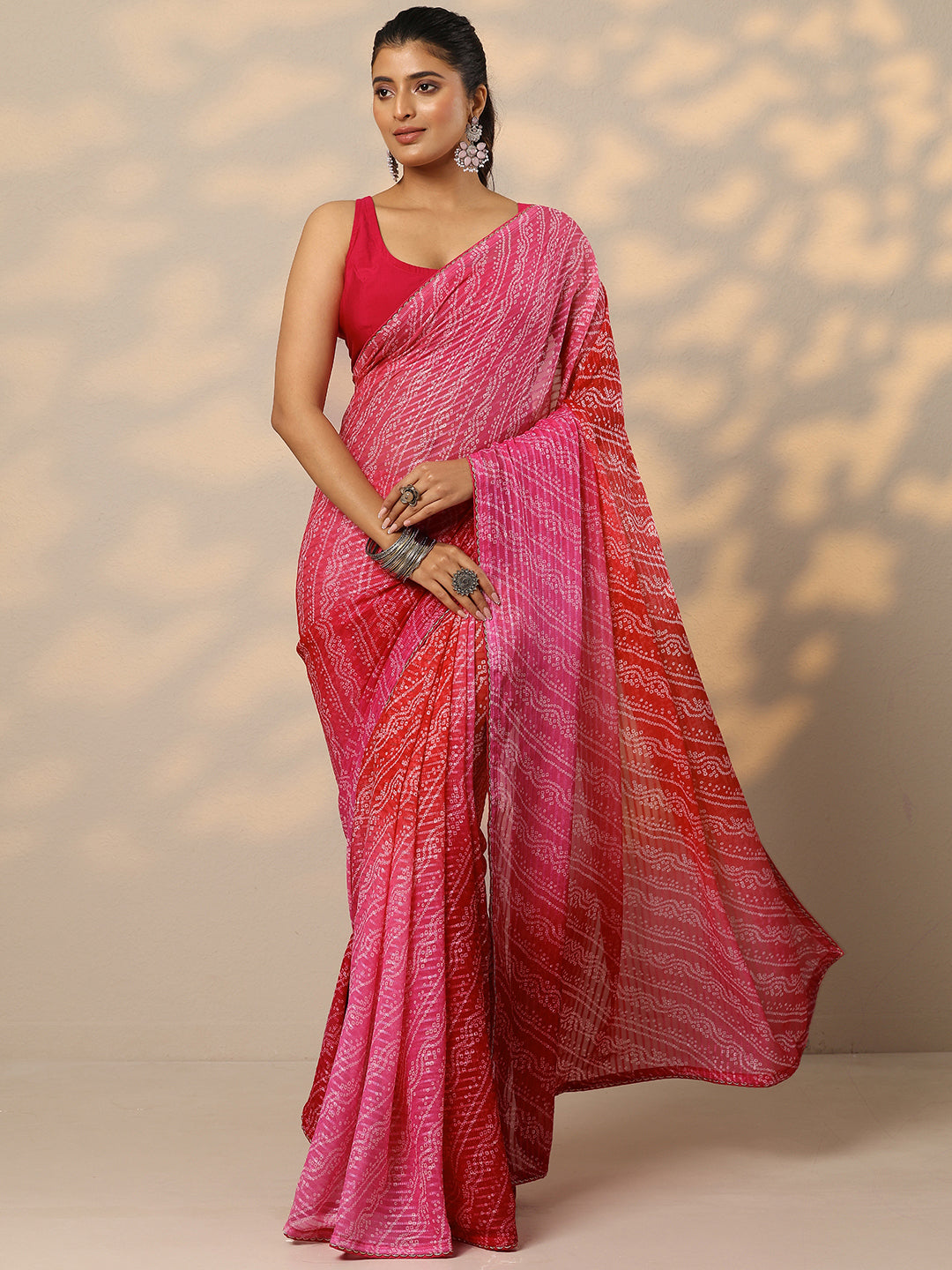 Pink Bandhani Printed Chiffon Saree With Unstitched Blouse Piece