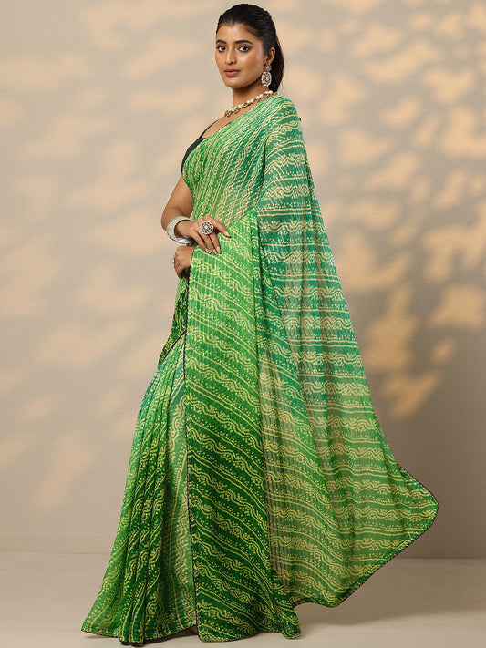 Green Bandhani Printed Chiffon Saree With Unstitched Blouse Piece