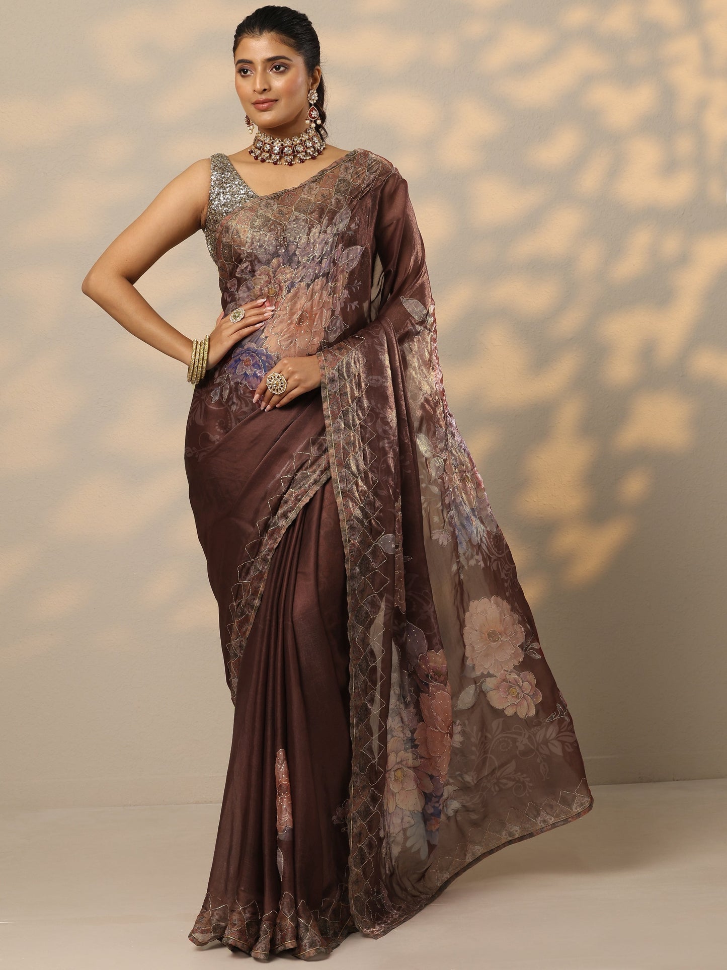 Brown Printed Organza Saree With Unstitched Blouse Piece