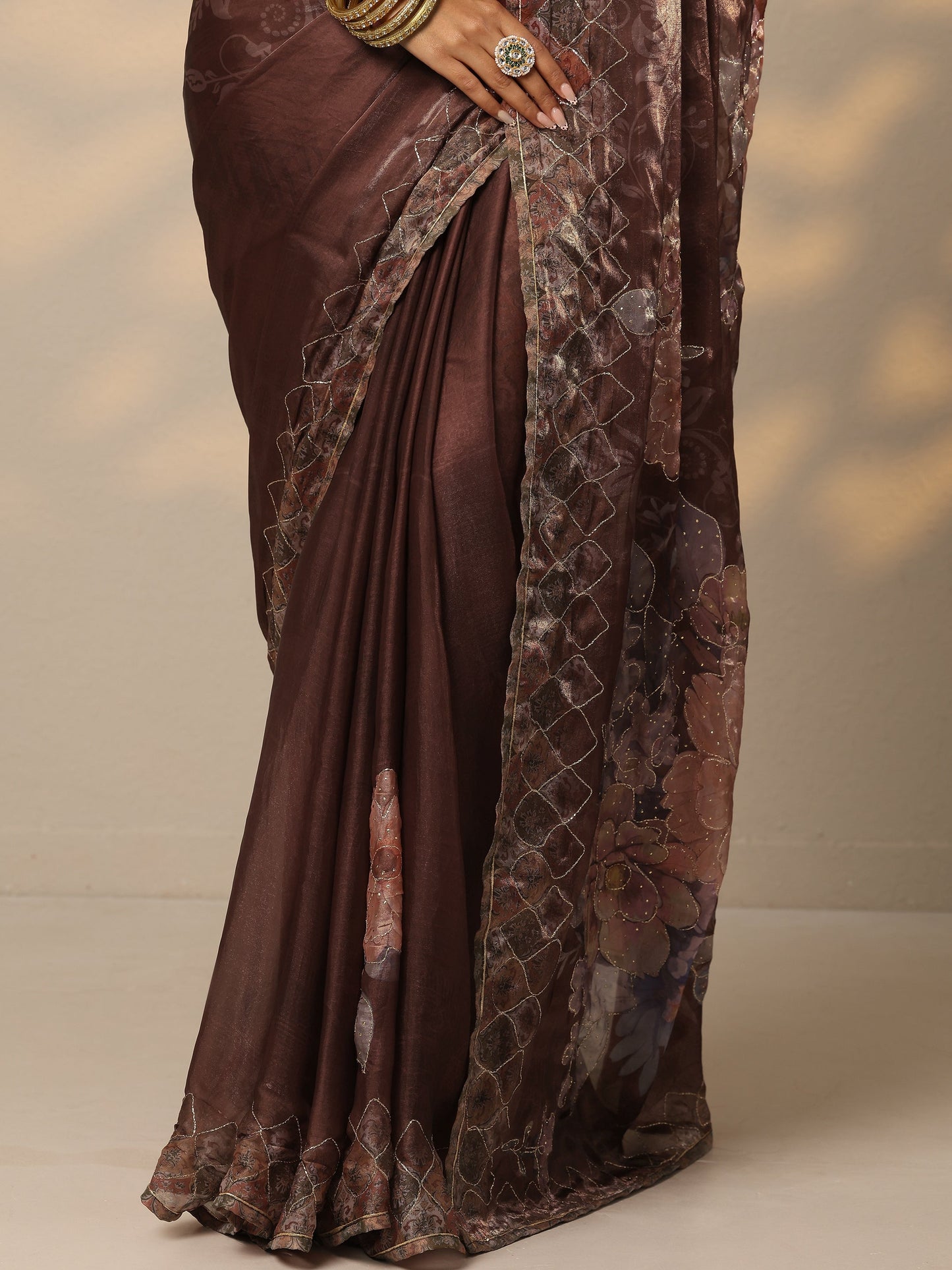 Brown Printed Organza Saree With Unstitched Blouse Piece