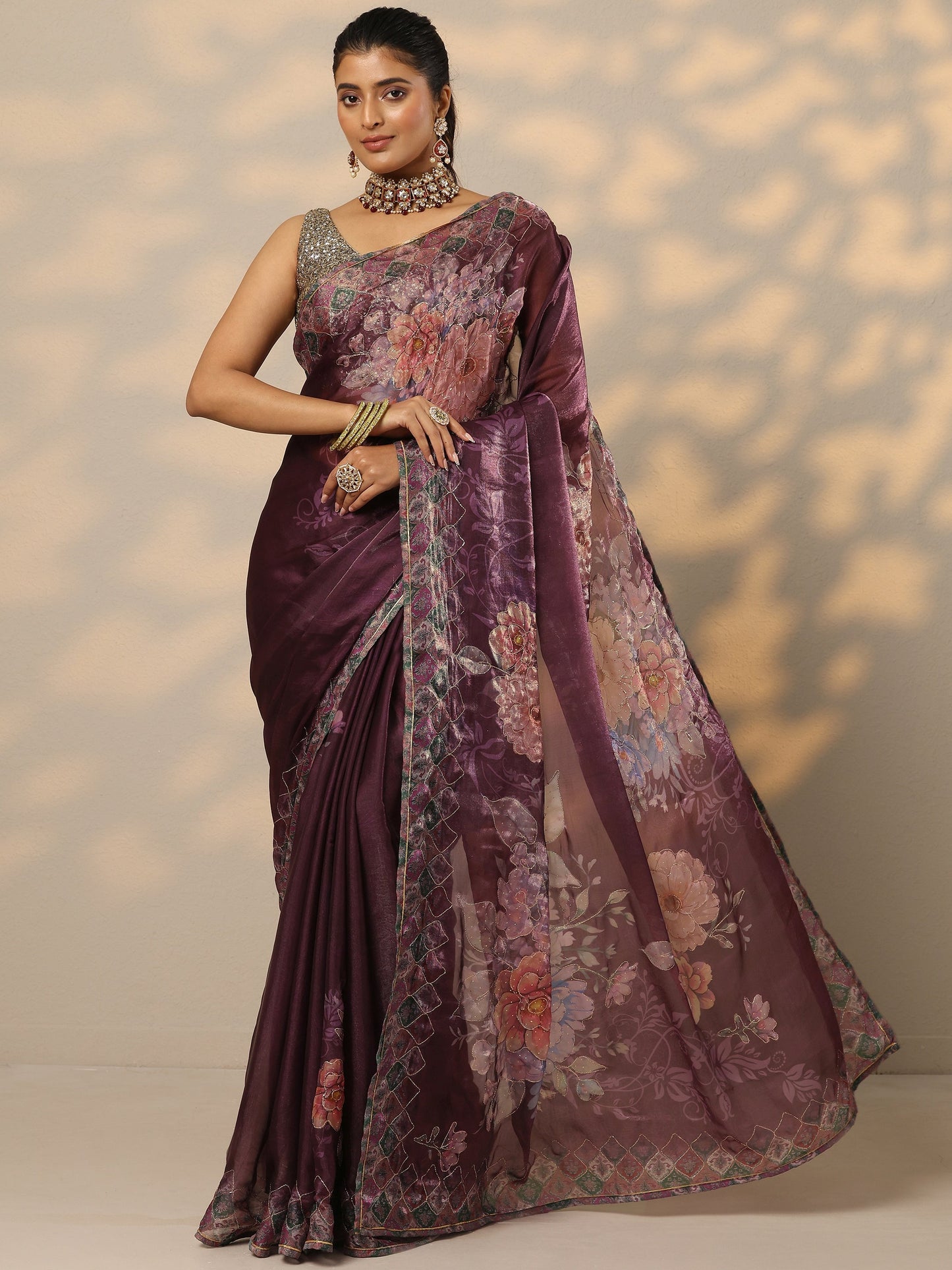 Burgundy Printed Organza Saree With Unstitched Blouse Piece