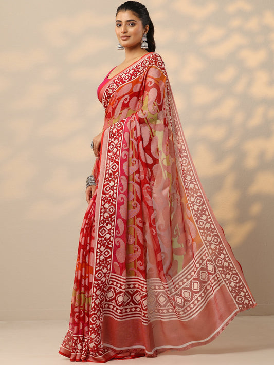 Pink Printed Georgette Saree With Unstitched Blouse Piece
