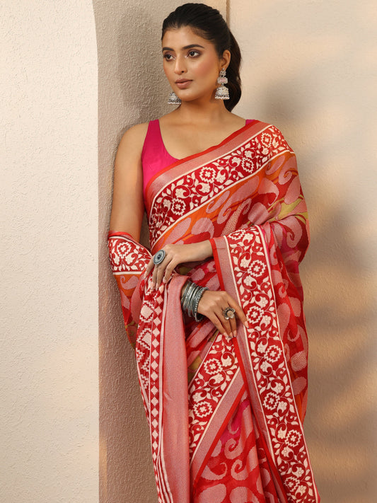 Pink Printed Georgette Saree With Unstitched Blouse Piece
