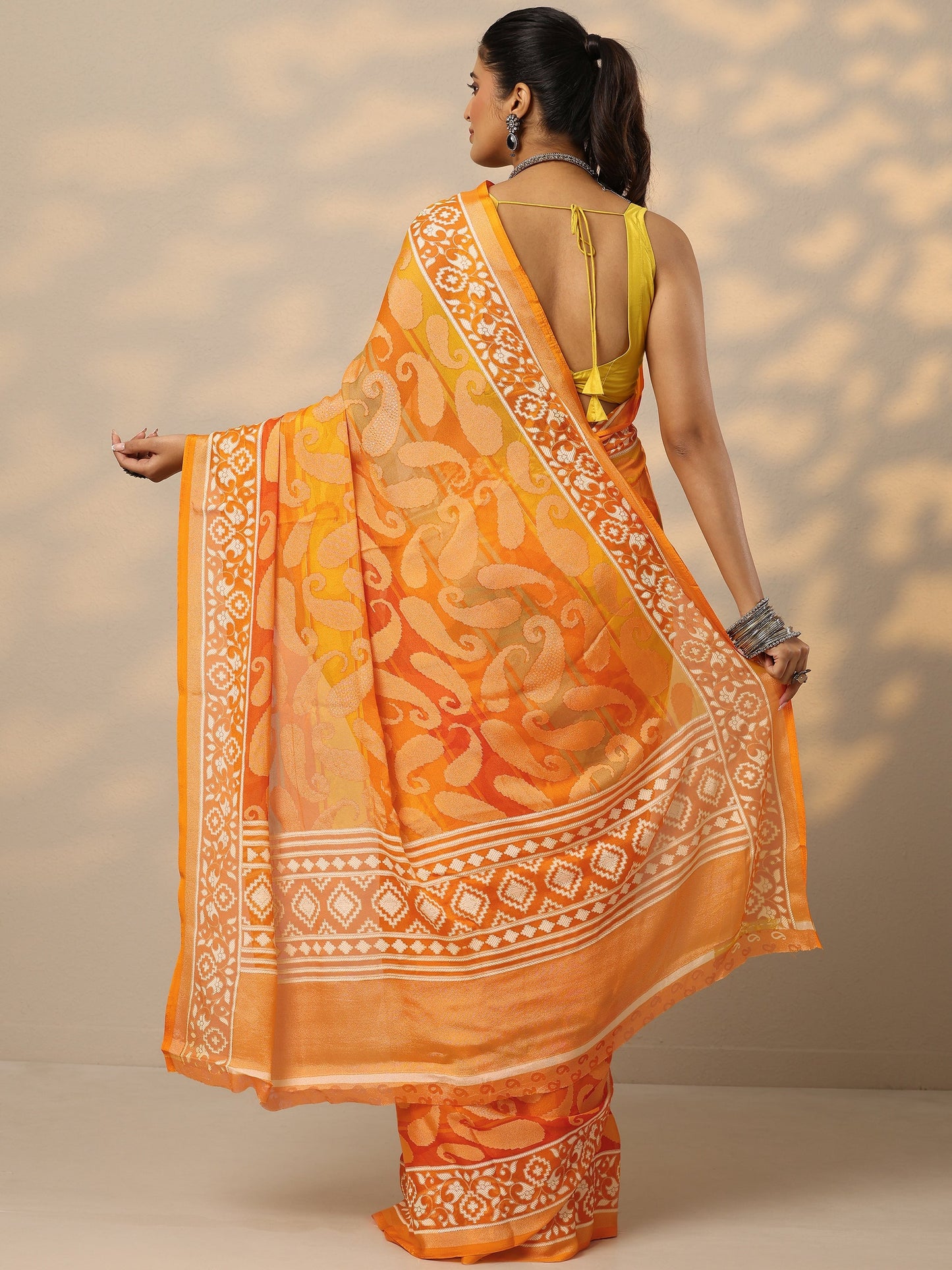 Mustard Printed Georgette Saree With Unstitched Blouse Piece