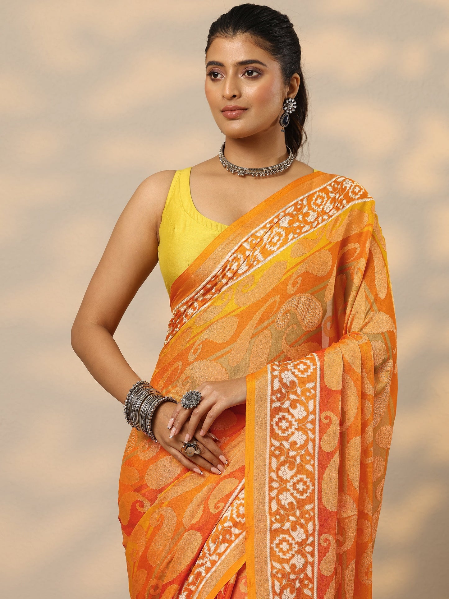 Mustard Printed Georgette Saree With Unstitched Blouse Piece