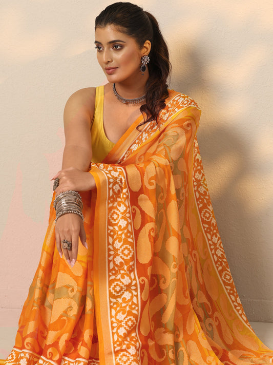 Mustard Printed Georgette Saree With Unstitched Blouse Piece