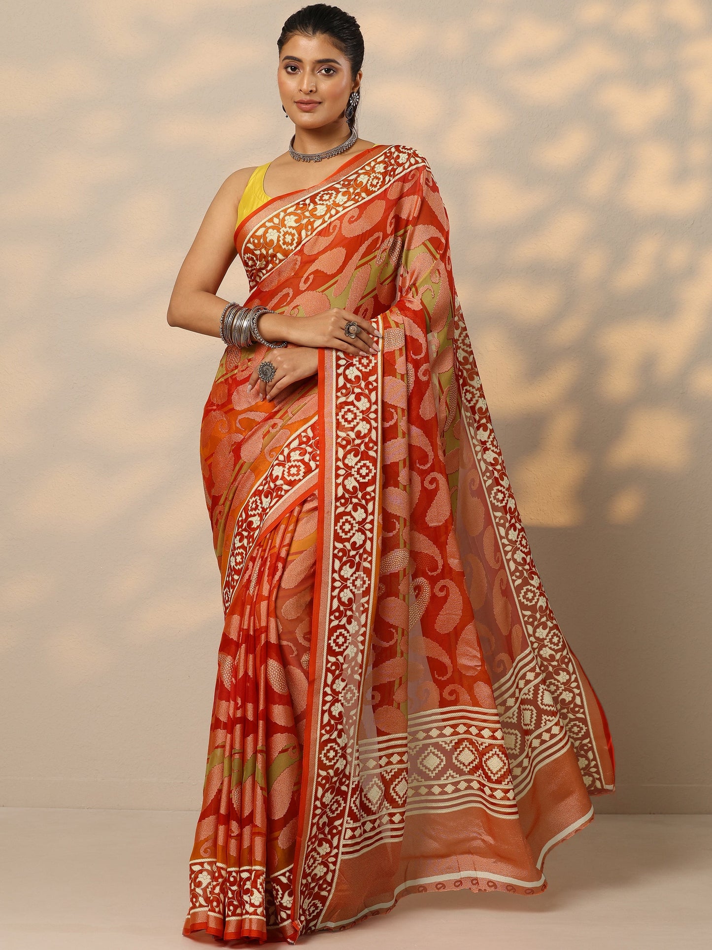 Orange Printed Georgette Saree With Unstitched Blouse Piece