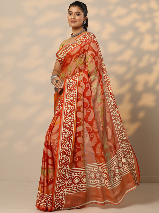 Orange Printed Georgette Saree With Unstitched Blouse Piece